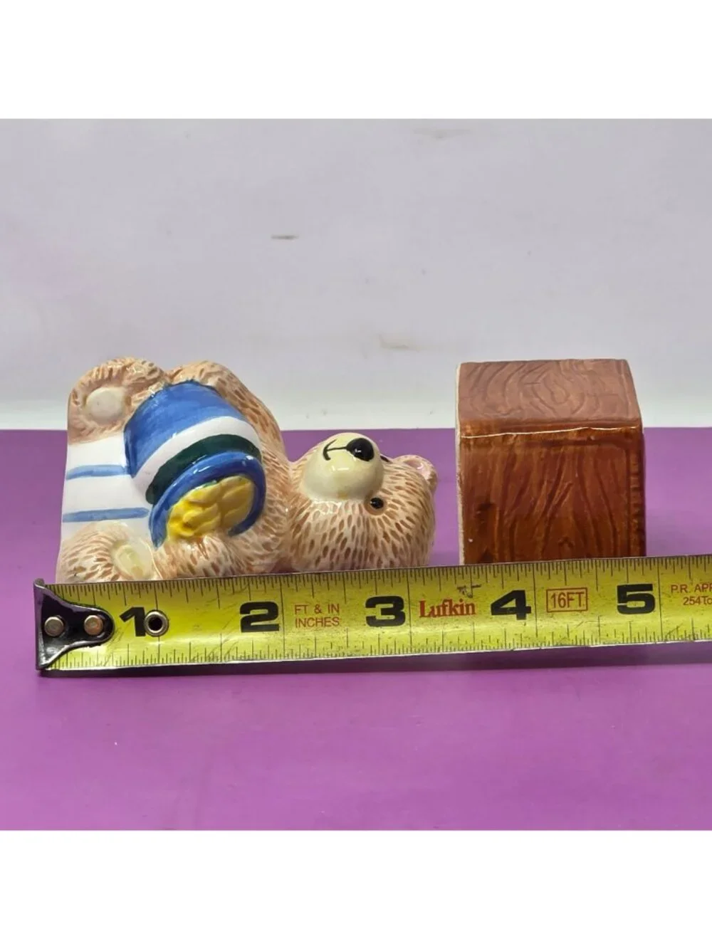 Ceramic Teddy Bear Honey Pot Salt Pepper Shakers Vintage Brown Blue Hand-Painted
